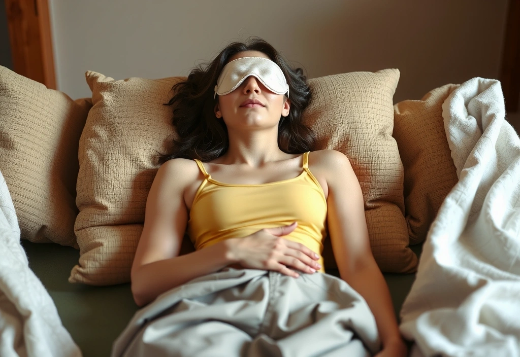 A person deeply relaxed in a Restorative yoga pose with ample props