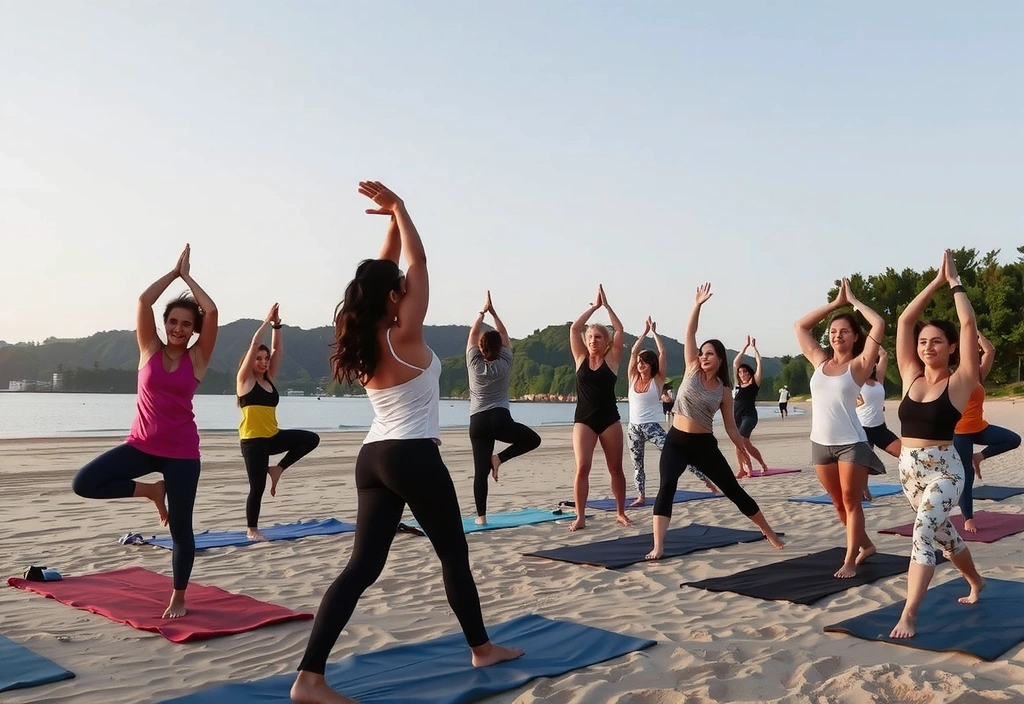 Energetic group performing a Vinyasa flow sequence outdoors