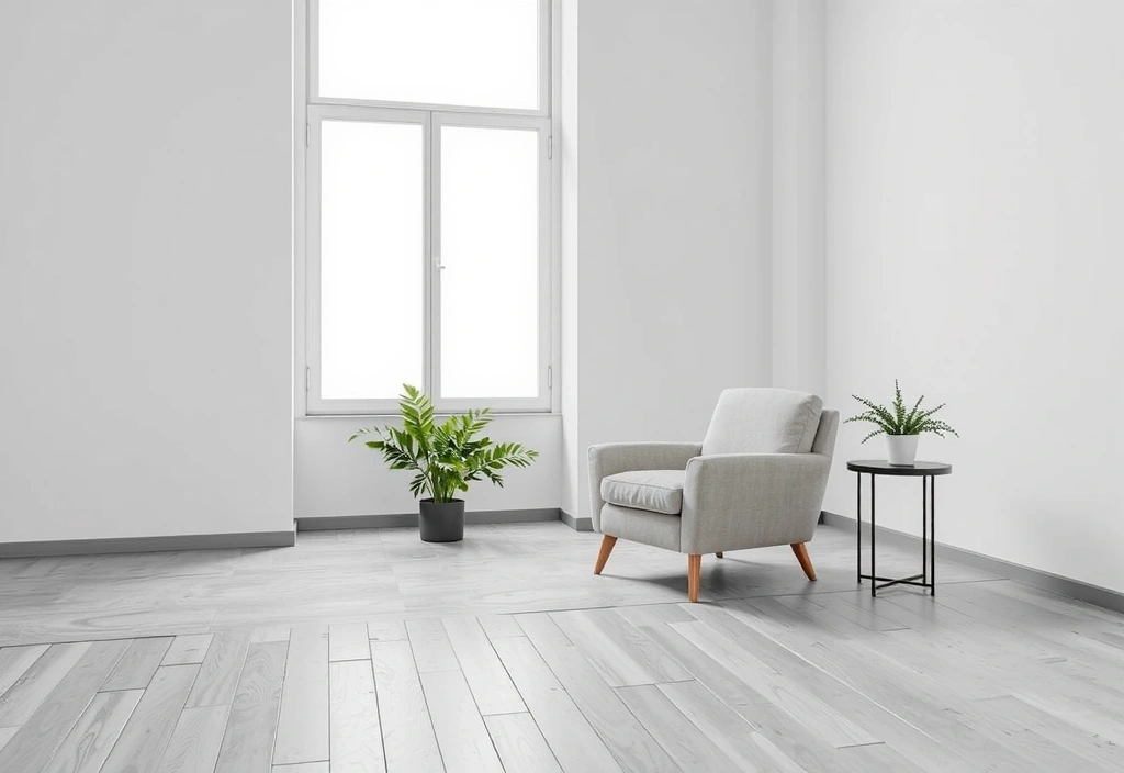 A clean, minimalist room with a large window, a comfortable armchair, and a small, elegant houseplant