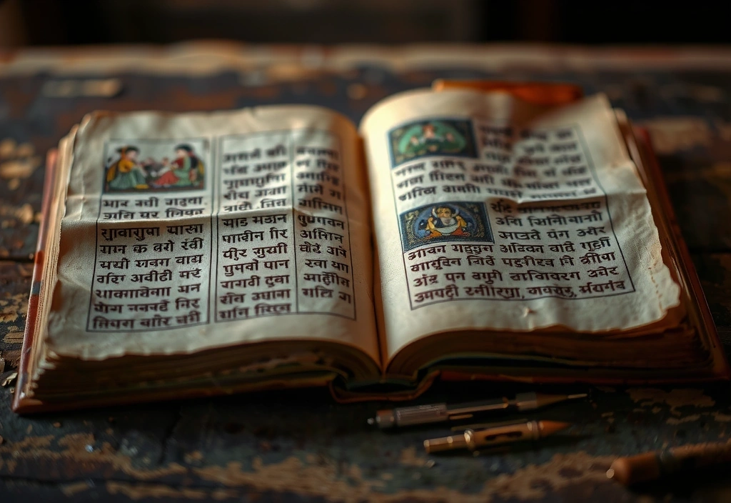 An ancient Sanskrit manuscript with intricate illustrations, representing yoga philosophy and wisdom