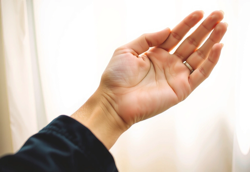 A person reaching out with an open hand, symbolizing help and connection.