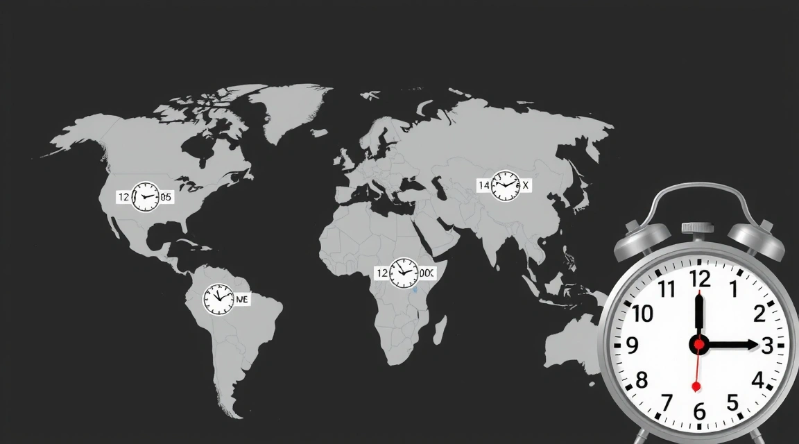 A world map with various time zone indicators and a clock, symbolizing global connectivity.